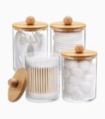 Mersa Storage Plastic Transparent Jar With Bamboo Lid Bathroom Organizer, Set of 6 - Image 2