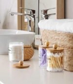 Mersa Storage Plastic Transparent Jar With Bamboo Lid Bathroom Organizer, Set of 6 - Image 3