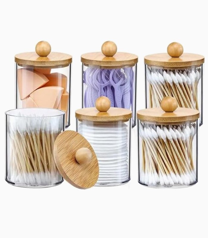 Storage-Plastic-Jar-With-Bamboo-Mersa Mersa Storage Plastic Transparent Jar With Bamboo Lid Bathroom Organizer, Set of 6 - Image 1